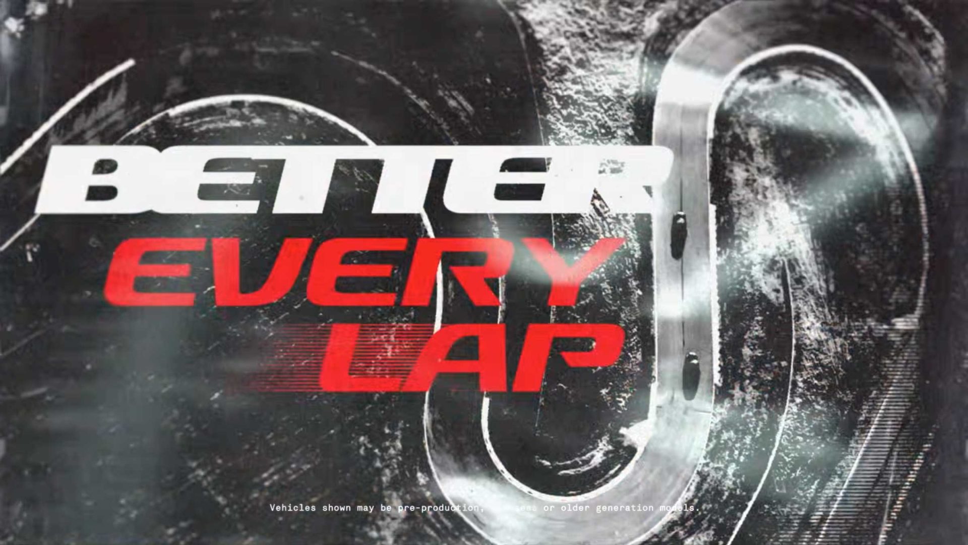 Text over an abstract racetrack design reads: BETTER EVERY LAP in bold white and red letters, inspired by the Toyota GR Range commercial by Golden Wolf. Small text at the bottom says, Vehicles shown may be pre-production models or older generation models. Frame from Stash Magazine article.