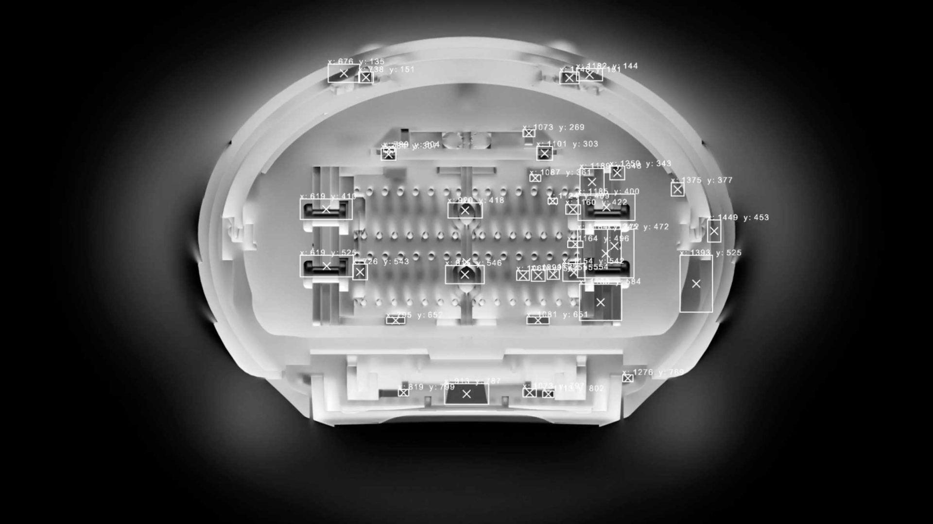 X-ray image of a Braun Series 7's internal components, labeled with various numbers and coordinates, displaying circuit pathways, connectors, and pins against a dark background. Illustration in the style of Cornel Swoboda or Dennis Weyel. Frame from Stash Magazine article.
