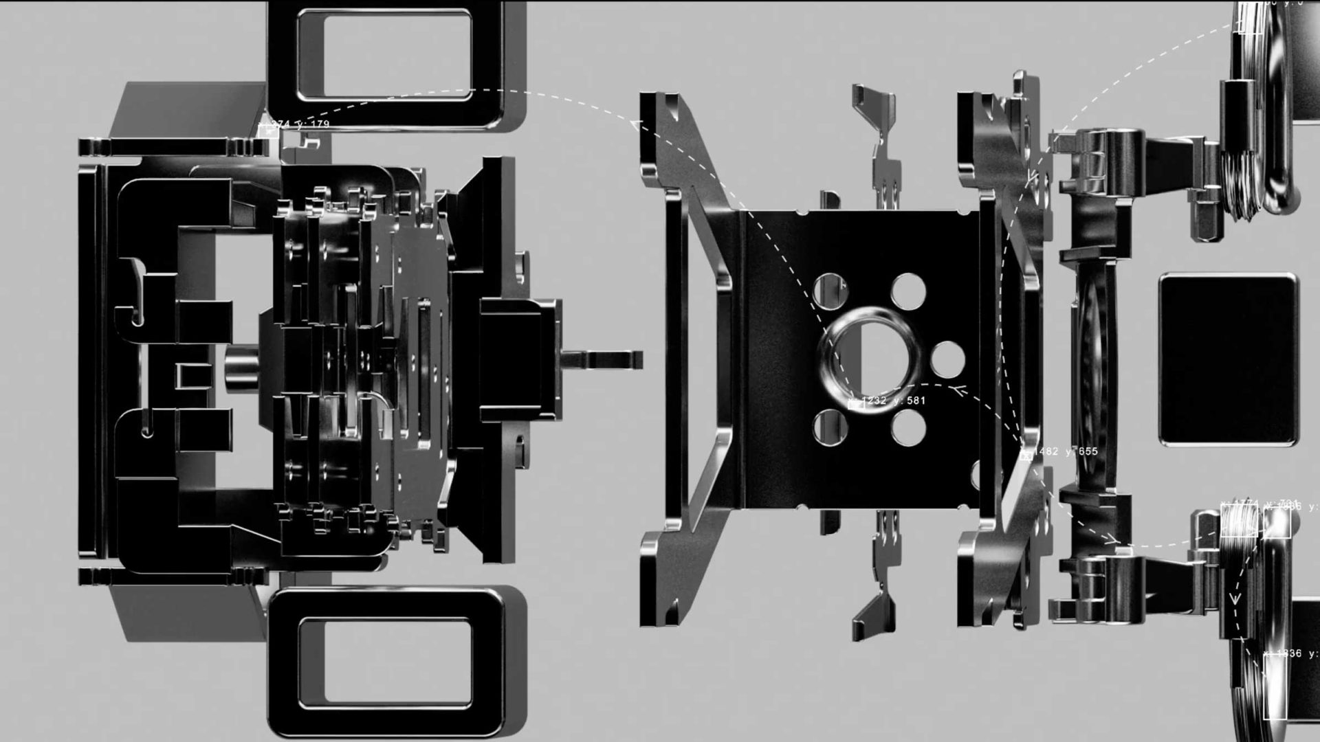 Exploded view of a Braun Series 7 device showing multiple black and metallic components separated and aligned, revealing the internal structure and assembly of the object against a plain background. Frame from Stash Magazine article.