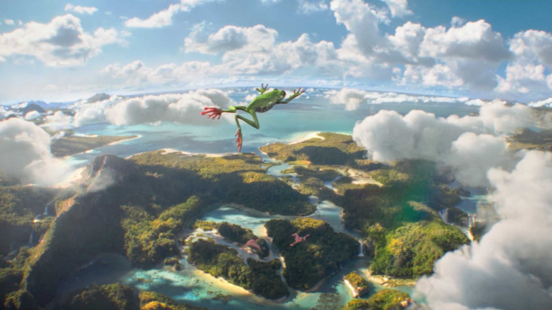 A green frog with orange feet leaps through the clouds above a vibrant, Tropicana-inspired landscape of islands, lagoons, and lush forests under a bright blue sky. Frame from Stash Magazine article.