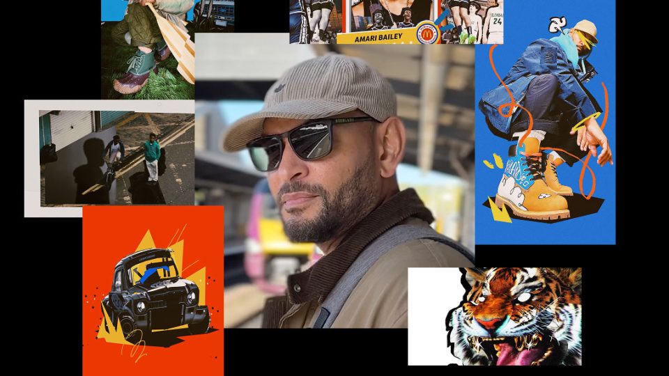 A collage featuring a man in a baseball cap and sunglasses surrounded by stylized Crocs, city street imagery, a car illustration, basketball motifs, and a tiger’s face, reflecting a distinctive voice in multimedia storytelling. Frame from Stash Magazine article.