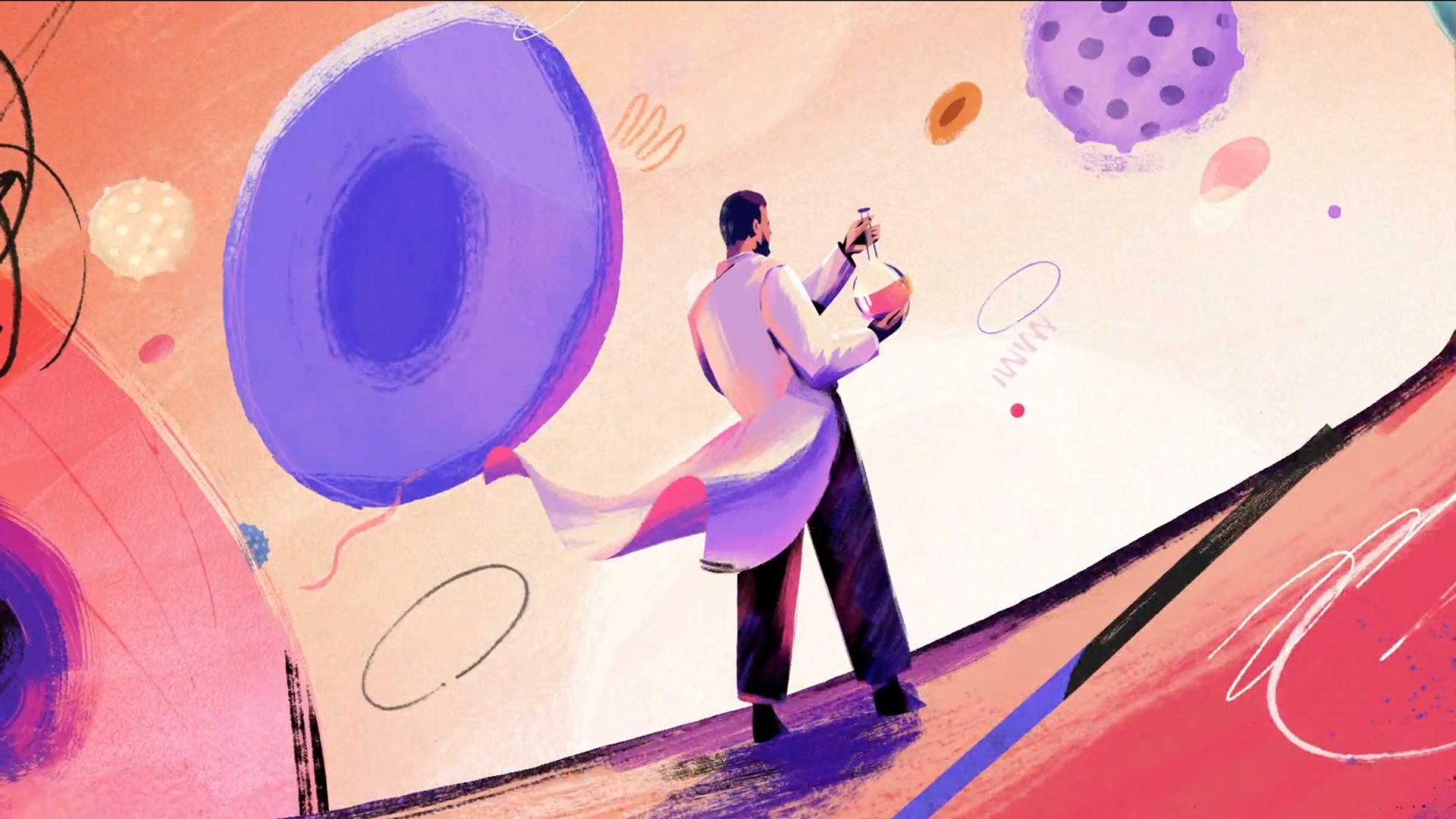 A scientist in a white coat studies a flask, surrounded by large abstract blue and pink cell-like shapes and colorful rings on a pastel background, evoking the innovative spirit of biotech research. Frame from Stash Magazine article.