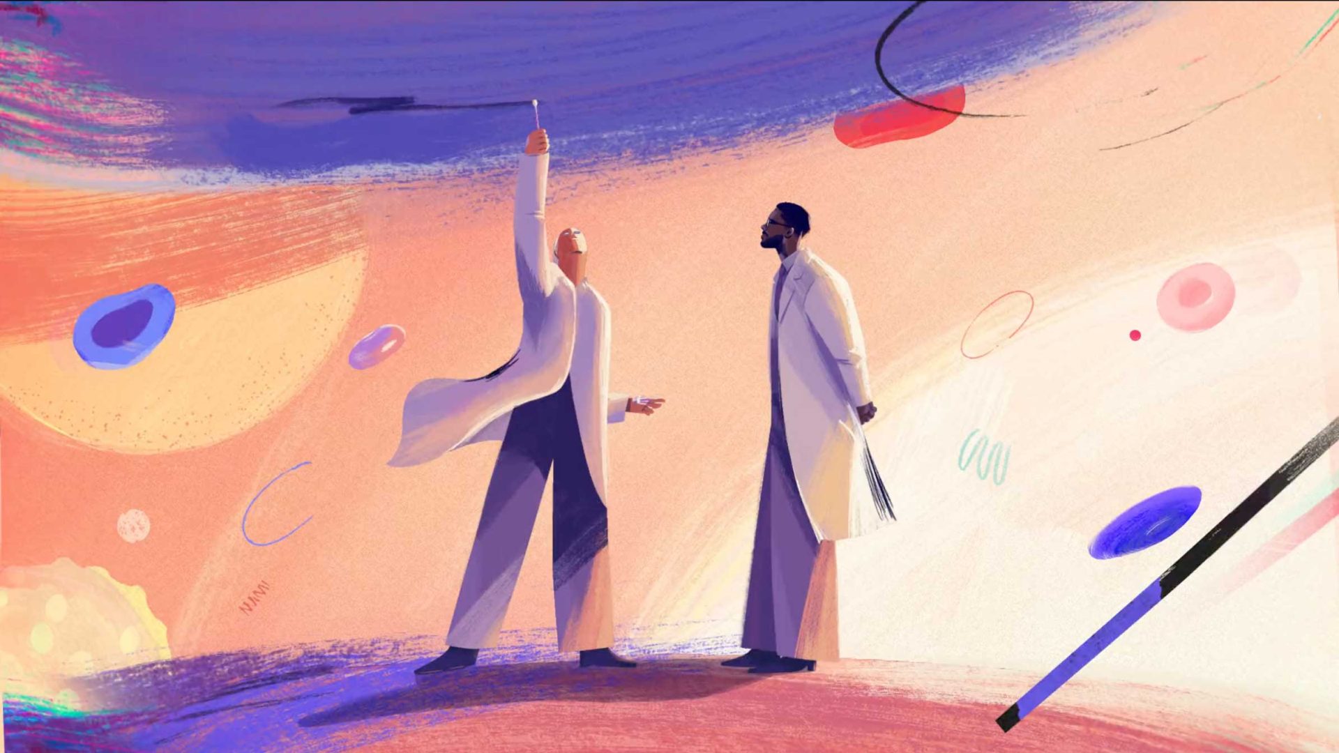 Two scientists in lab coats stand together, one raising a paintbrush toward abstract shapes in a colorful, swirling background, suggesting creativity and scientific exploration at UBC’s vibrant biotech labs and inspired by the innovative spirit of AIM Creative. Frame from Stash Magazine article.