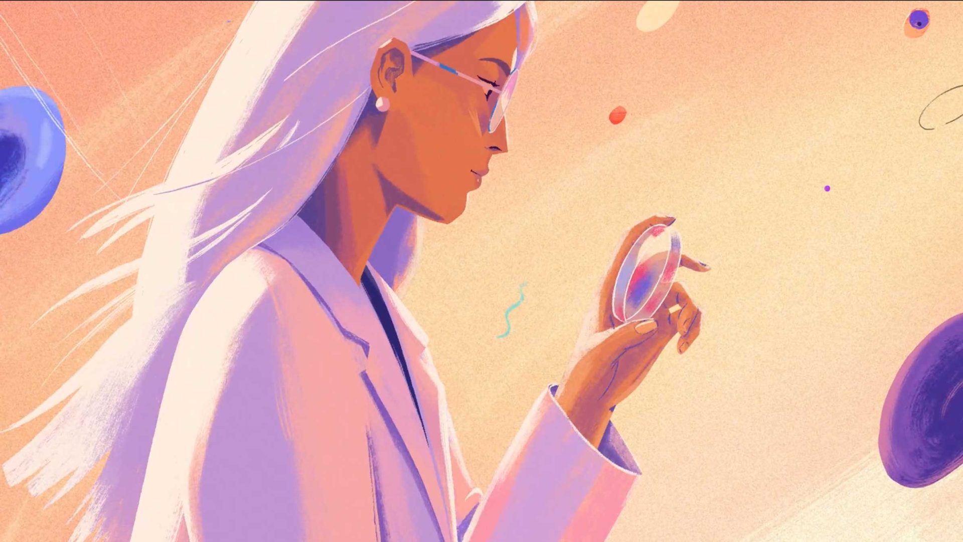 An illustration of a woman in a lab coat holding a petri dish, viewed in profile. She has long, light hair and wears glasses, with abstract shapes in the background suggesting a biotech or laboratory setting, reflecting the innovative spirit of AIM Creative at UBC. Frame from Stash Magazine article.