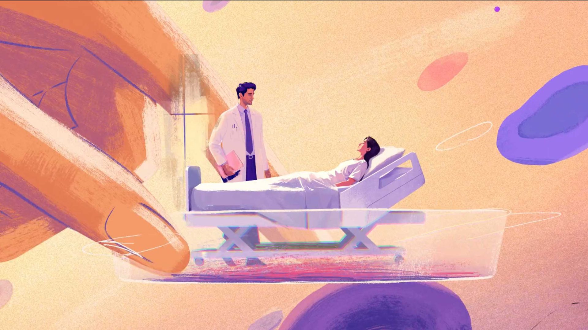 A doctor stands beside a patient lying in a hospital bed, with abstract colorful shapes and a large hand in the background, suggesting care and support—reflecting the innovative spirit of UBC’s biotech initiatives and the creativity of AIM Creative. Frame from Stash Magazine article.