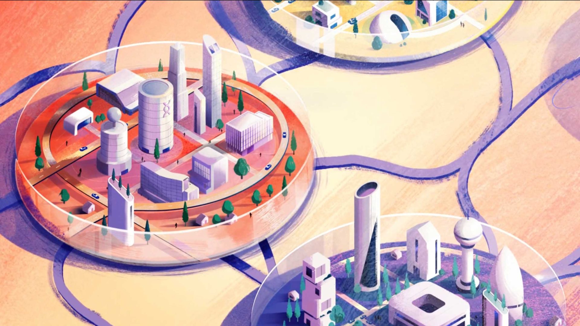 Colorful illustration of futuristic city sectors with modern buildings, trees, and roads, separated by transparent domes and connected by paths on an abstract landscape—perfectly capturing the innovative spirit featured in the UBC Biotech Boom video by AIM Creative. Frame from Stash Magazine article.