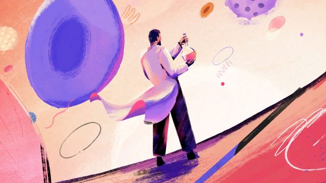 A scientist in a lab coat examines a flask, surrounded by abstract, colorful shapes resembling cells and molecules on a swirling pastel background—a vibrant scene that captures the innovative spirit of UBC’s biotech research and the imaginative vision of AIM Creative. Frame from Stash Magazine article.