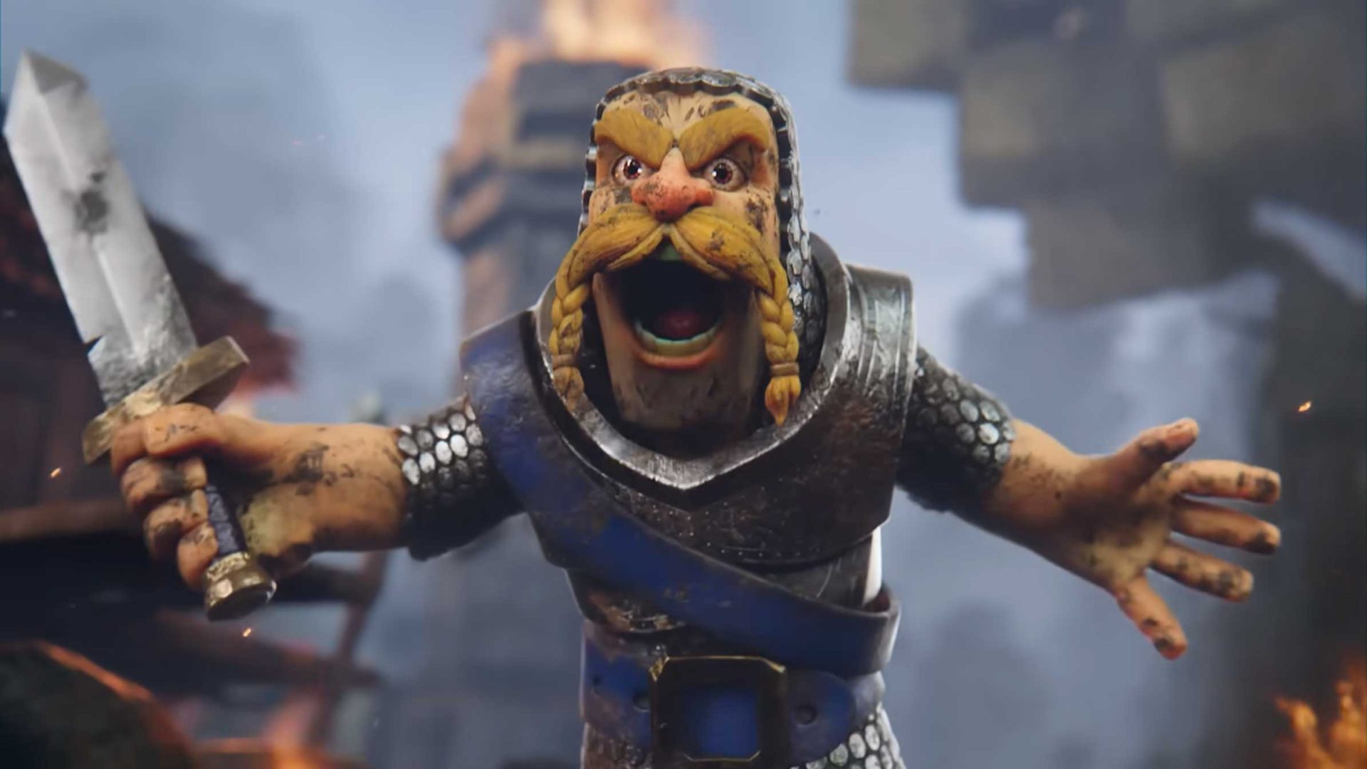 A cartoon warrior with braided blond hair, mustache, and armor shouts “Feel the Rage!” while holding a sword. The background is blurry with hints of fire and stone structures, reminiscent of an epic Clash Royale battle featuring this Uncommon & Gizmo hero. Frame from Stash Magazine article.