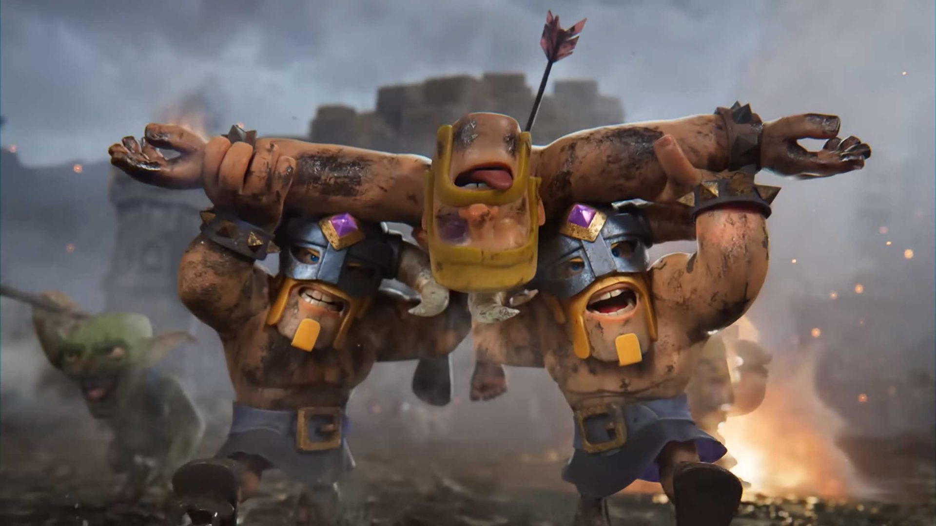 Two armored warriors carry a hurt man with an arrow in his arm through a smoky, chaotic battlefield, while a goblin—reminiscent of the mischievous creatures from Clash Royale—runs behind them and fire burns in the background. Frame from Stash Magazine article.