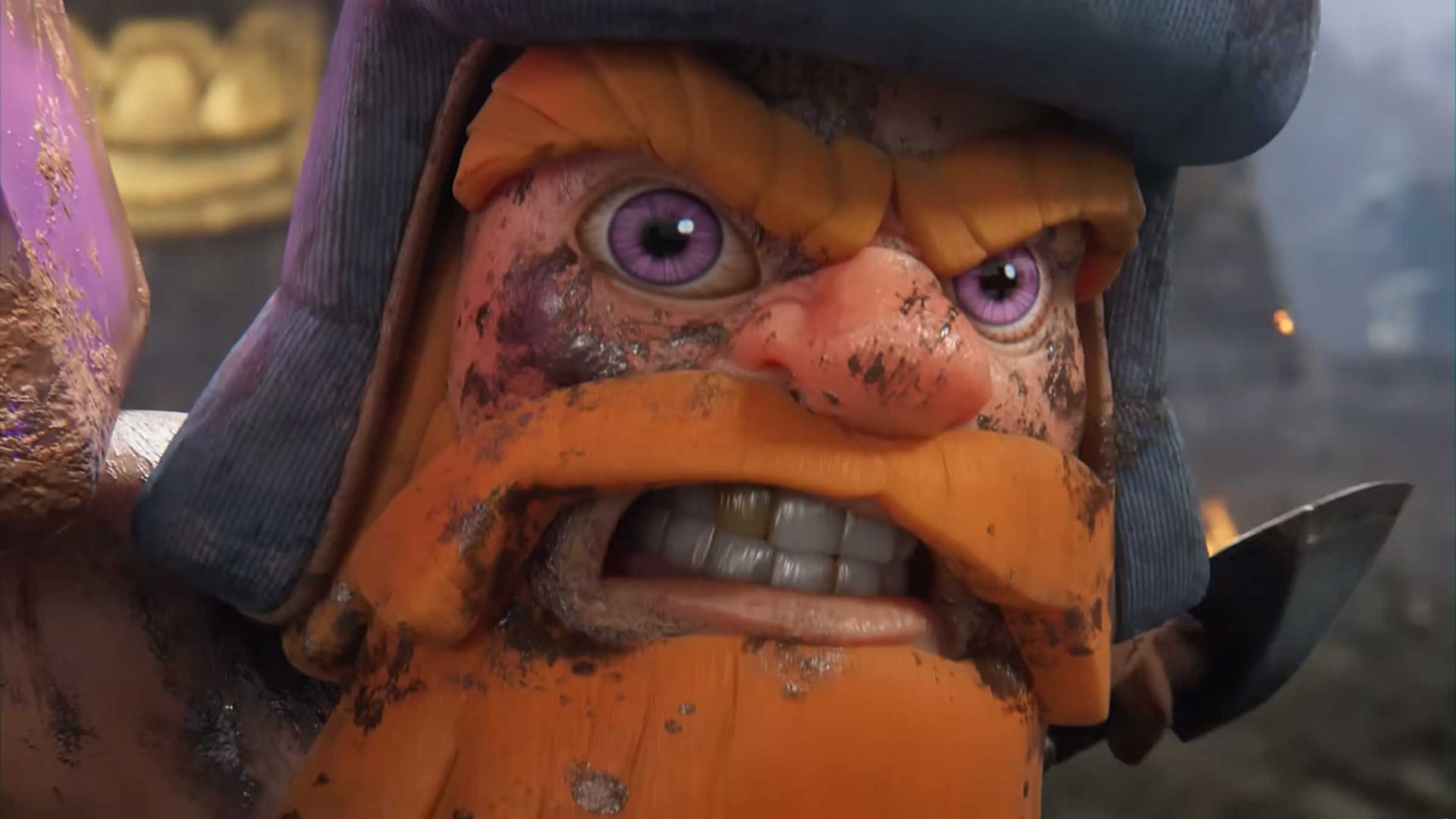 A close-up of an animated character from Clash Royale with a large orange mustache, helmet, and intense purple eyes, showing a fierce expression with gritted teeth and dirt on his face—this uncommon gizmo stands out for its striking features and bold presence. Frame from Stash Magazine article.
