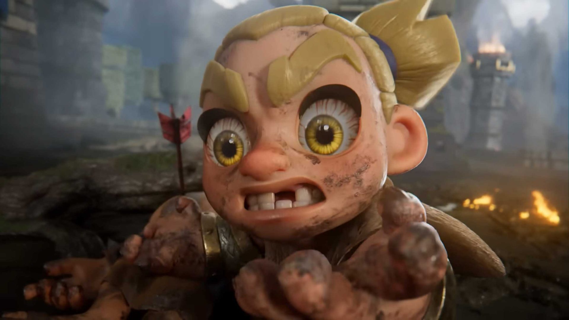 A cartoonish warrior child with blonde hair and dirt on their face looks determined, reaching forward with a muddy hand. In the background, a Clash Royale-style battle scene unfolds, complete with fire and castles—hinting at rare Uncommon & Gizmo treasures waiting to be discovered. Frame from Stash Magazine article.