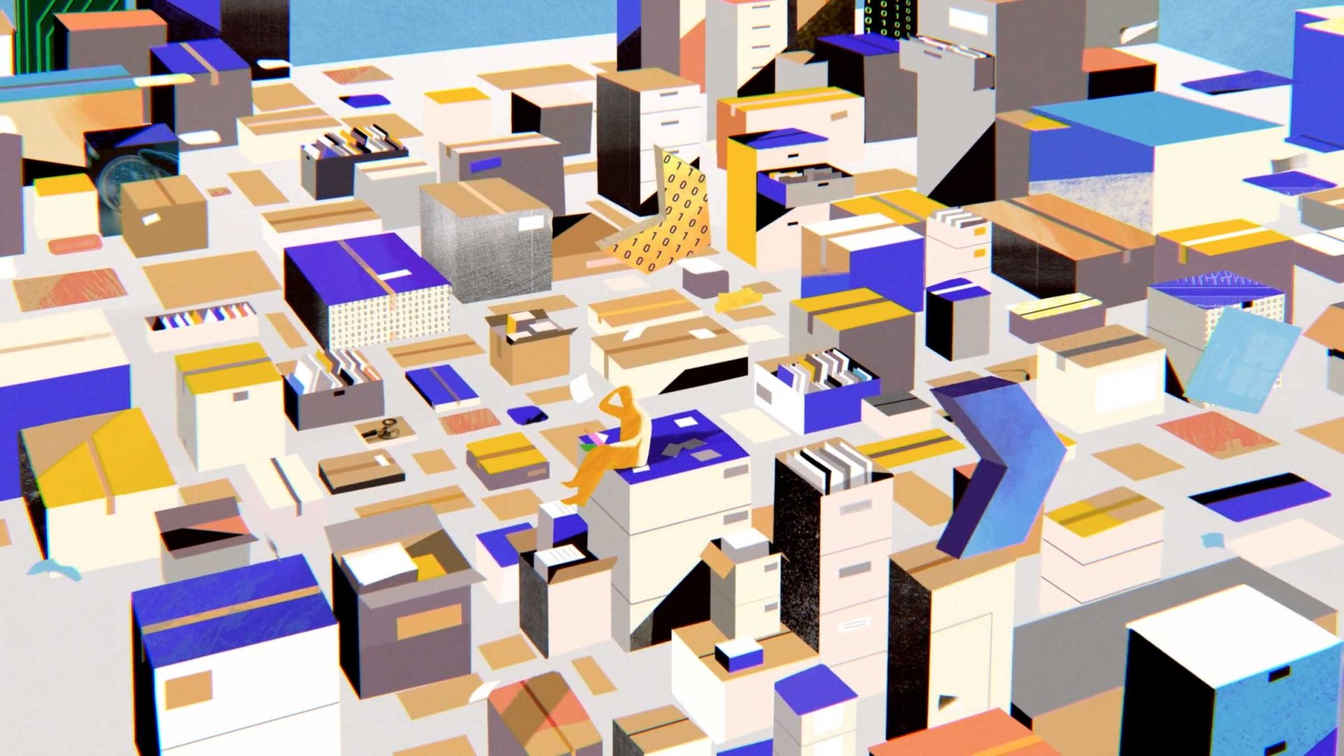 A colorful, abstract illustration by Global Mechanic depicts numerous stacked and scattered boxes, cabinets, and storage containers in blue, brown, white, and yellow on a flat surface. Frame from Stash Magazine article.