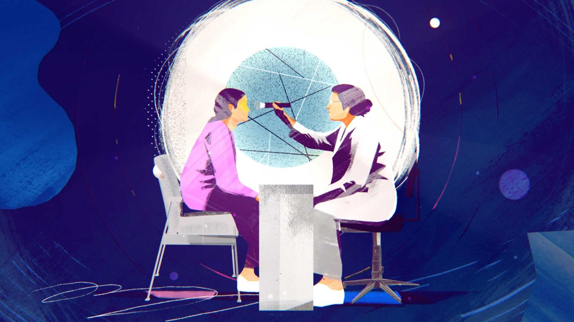An illustrated scene for an Animated Campaign by UBC and Global Mechanic, showing a healthcare professional examining a patient's eye with an ophthalmoscope; both are seated at a table against a blue abstract background. Frame from Stash Magazine article.