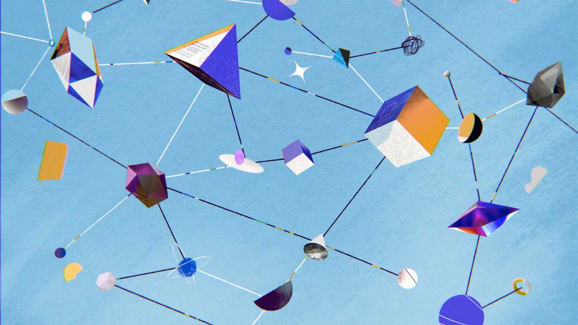 Abstract illustration of interconnected geometric shapes—including cubes, pyramids, and spheres—linked by thin lines against a blue background, representing a network or web of connections in the distinctive style of Global Mechanic. Frame from Stash Magazine article.