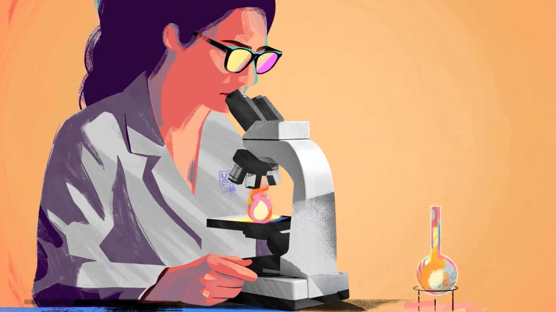 Illustration of a woman in a lab coat looking through a microscope. She has dark hair, wears glasses, and sits at a table with a colorful flask. The warm orange background reflects the creative spirit of AIM Creative and Global Mechanic at UBC. Frame from Stash Magazine article.