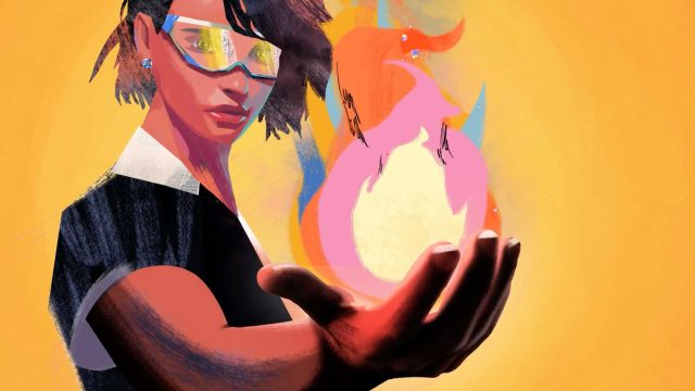 A person wearing glasses holds out their hand, conjuring a glowing, fiery orb with the image of a pink, bird-like creature inside it—a scene reminiscent of the vibrant style in University of British Columbia brand films by Global Mechanic and AIM Creative. Frame from Stash Magazine article.