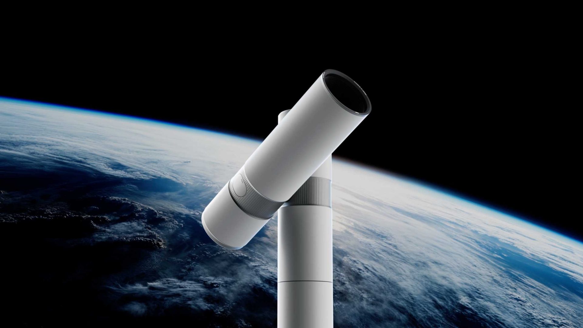 A Vaonis Hyperia Telescope or satellite orbits above Earth, with the planet's curved horizon and clouds visible below against the blackness of space, as seen in a striking Launch Film. Frame from Stash Magazine article.