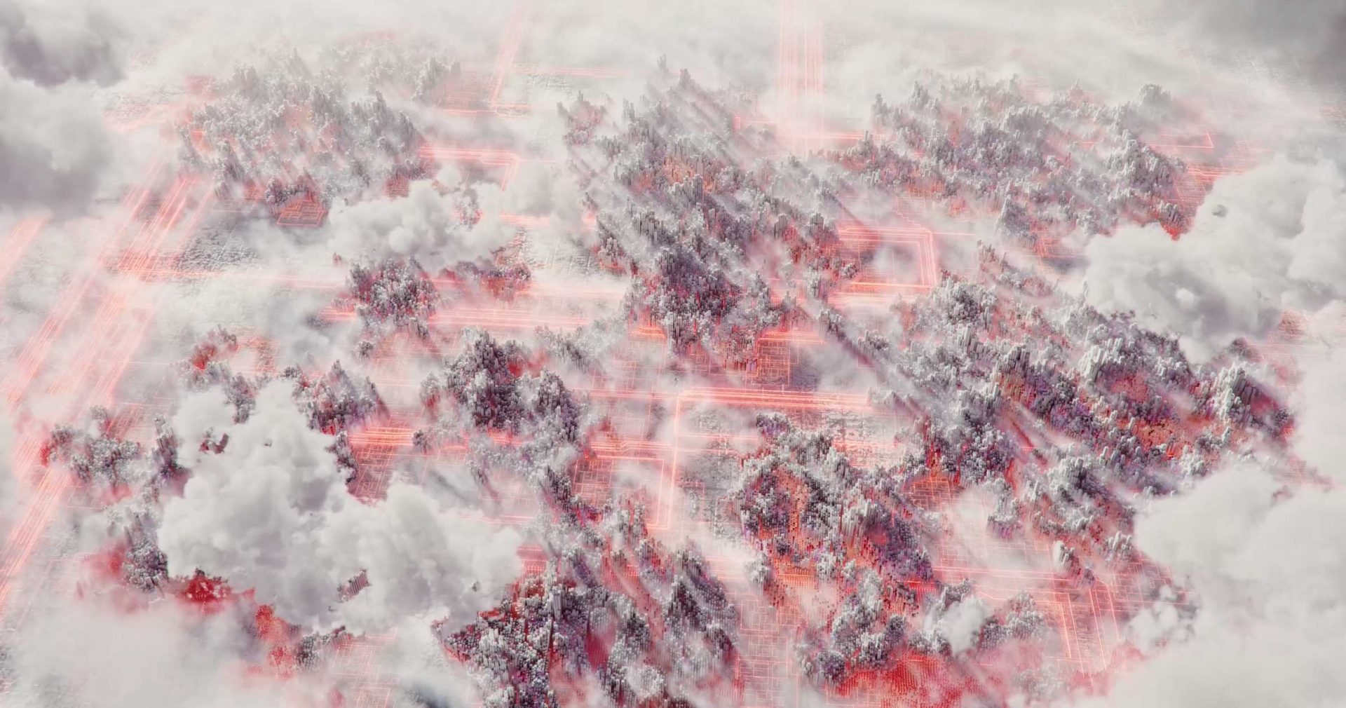An aerial view of a FutureDeluxe geometric, grid-like city structure with glowing red lines, partially obscured by clouds. Frame from Stash Magazine article.