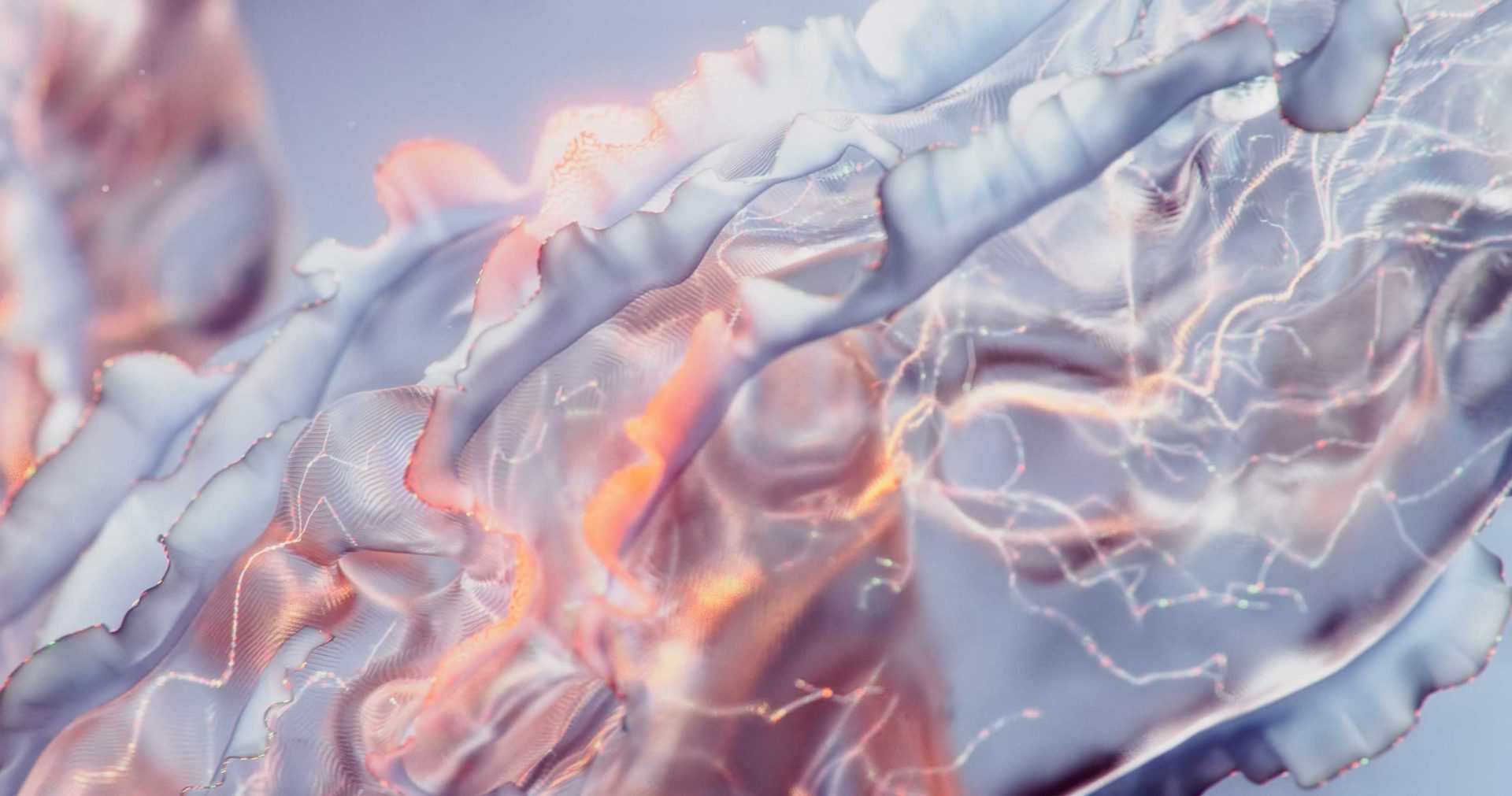 Abstract digital art by FutureDeluxe featuring flowing, translucent forms with glowing orange and white light filaments reminiscent of a London Hub. Frame from Stash Magazine article.