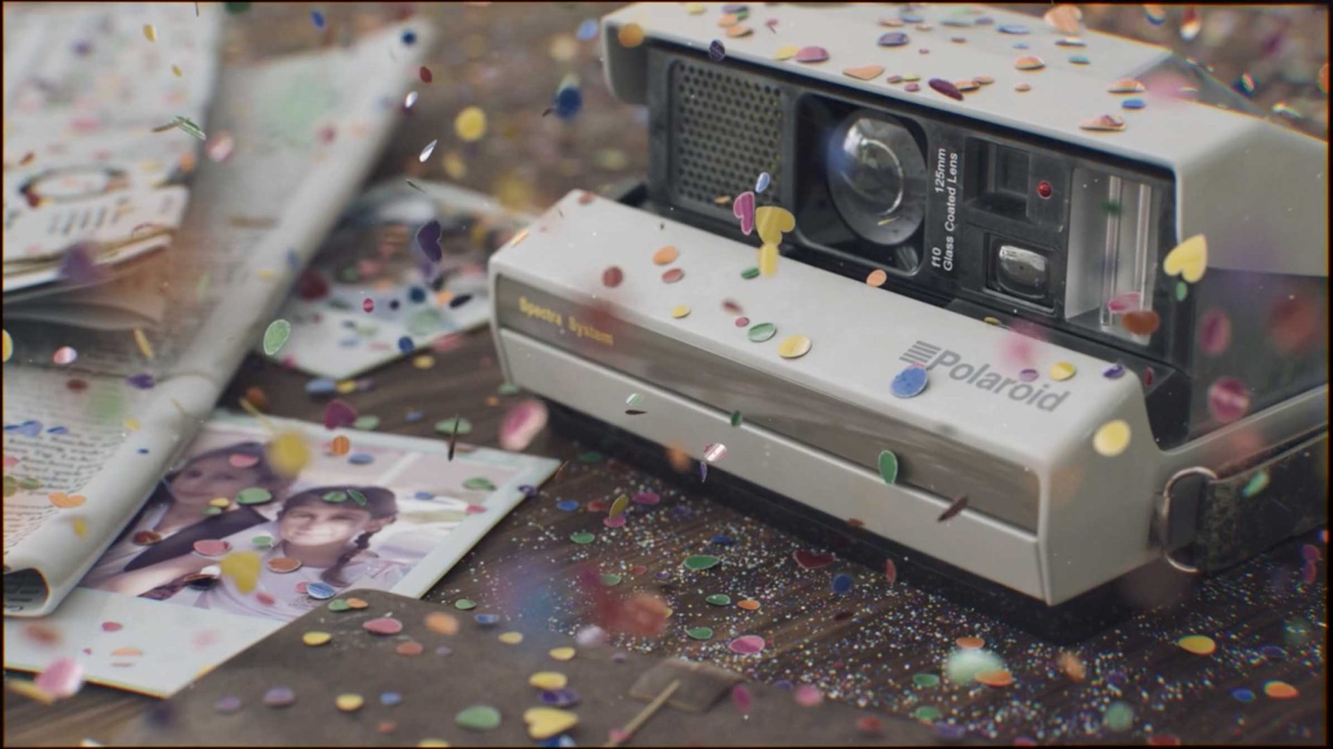 A vintage Polaroid camera from Studio Aiko sits on a table surrounded by colorful confetti, instant photos, and a newspaper, capturing the beauty in the details and evoking a festive, nostalgic vibe with classic vintage electronic devices. Frame from Stash Magazine article.