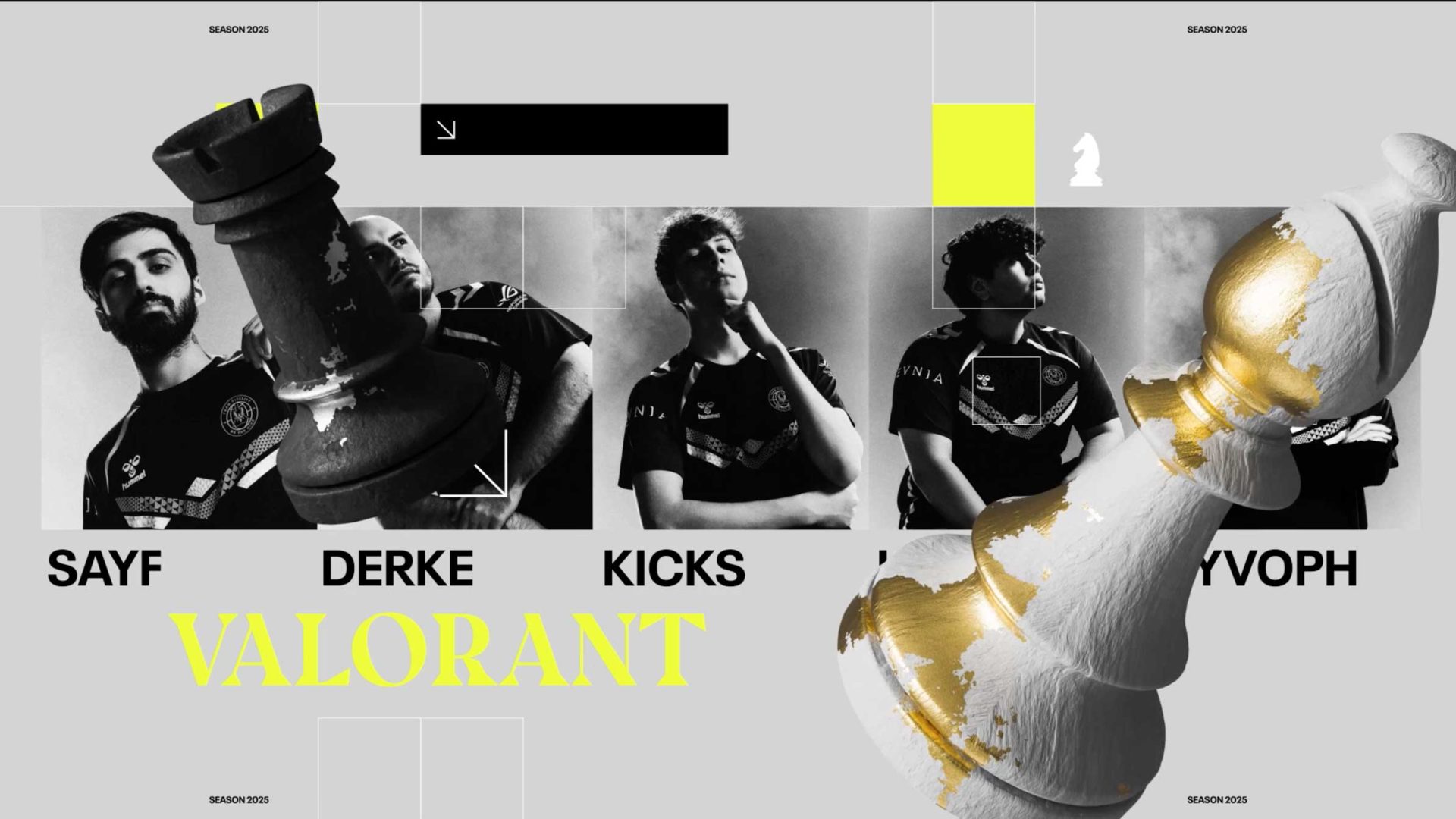 A grayscale VALORANT esports team poster features four NŌBL VITALITY players posing confidently, their names—SAYF, DERKE, KICKS, and ALFAYOPH—below. Large painted chess pieces and bold yellow EWC accents and text complete the design.