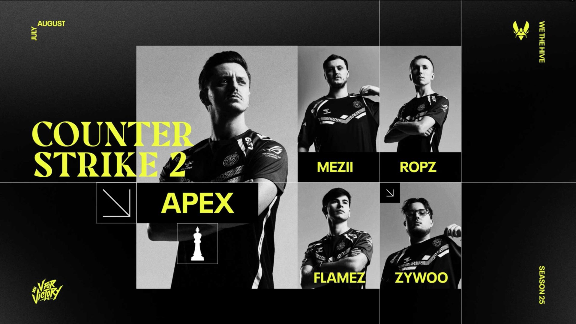 A promotional graphic for Counter-Strike 2 spotlights five esports players—Apex, Mezii, Ropz, Flamez, and Zywoo—from NŌBL VITALITY at EWC, framed by bold yellow text and sleek, minimalistic chess-themed icons.