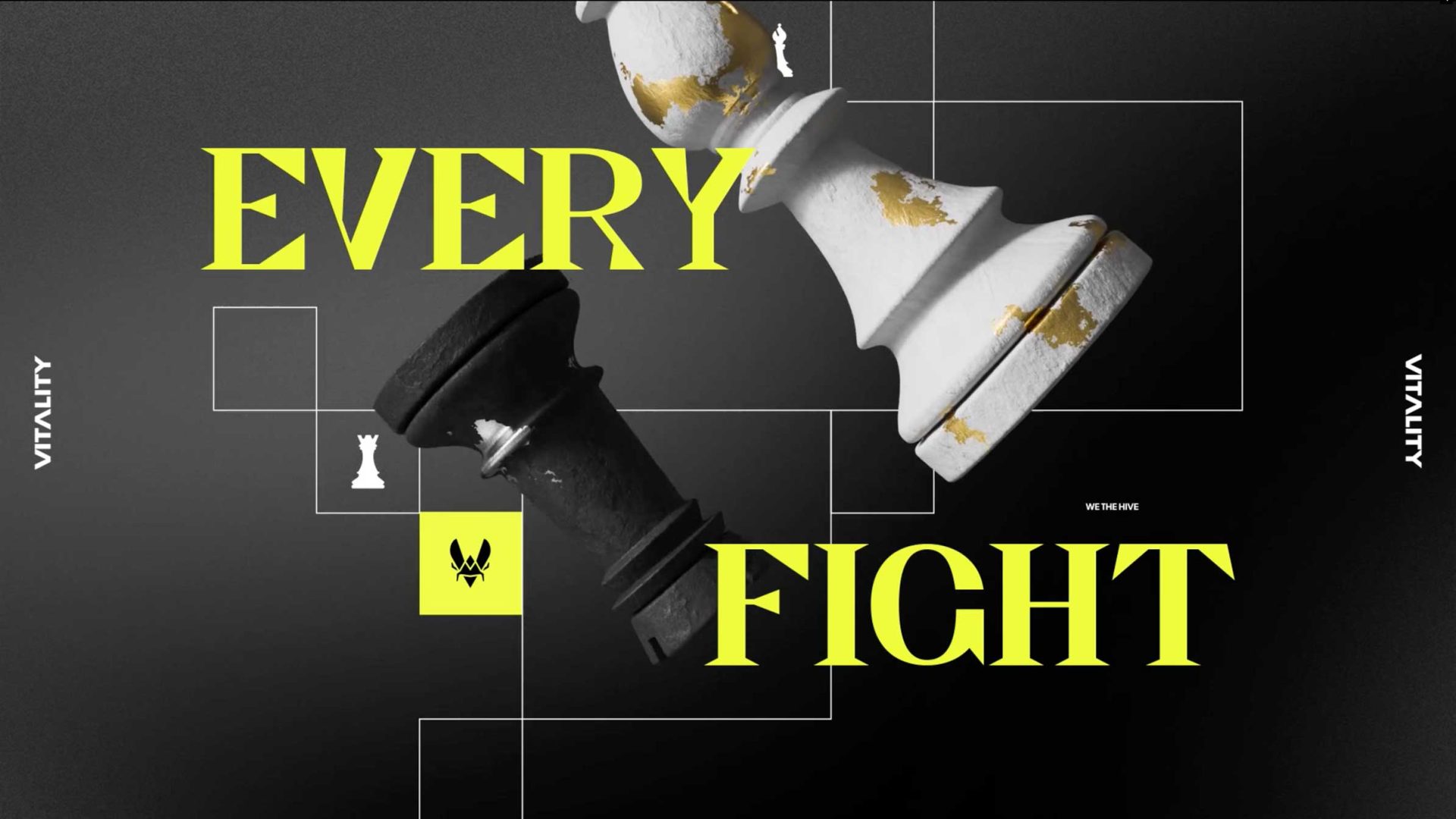 A black chess king is knocked over by a white queen against a dark background. The words “EVERY FIGHT,” “VITALITY,” and “NŌBL VITALITY” stand out in bold yellow, with abstract lines, the Team Vitality logo, and an EWC touch.