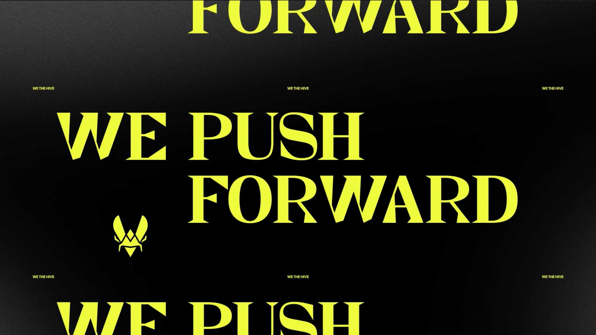 Yellow text on a black background reads WE PUSH FORWARD in large bold letters, accompanied by the EWC bee logo and the phrase WE THE HIVE with NŌBL VITALITY appearing in smaller text multiple times.