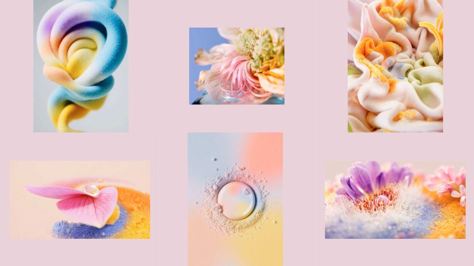 A collage of six pastel-colored abstract art pieces, inspired by Vitor Teixeira Releases New Personal Short Film Unfurl, features swirls, flowers, petals, and soft textured forms on a pale pink background with smooth gradients and dreamlike shapes. Frame from Stash Magazine article.