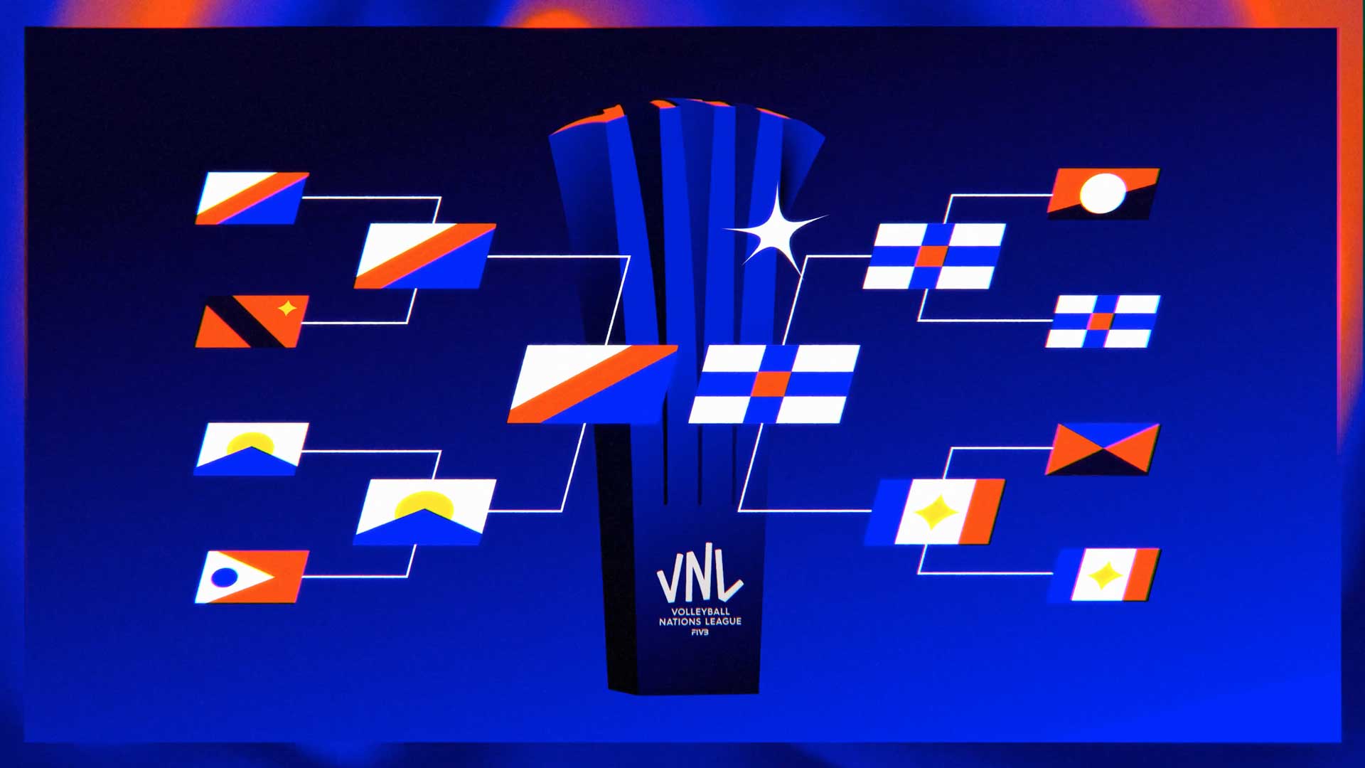 A graphic of the Volleyball Nations League 2024 trophy in the center, surrounded by stylized national flags representing the participating teams arranged in a tournament bracket, inspired by the Volleyball Nations League trailer by Musclebeaver. Frame from Stash Magazine article.