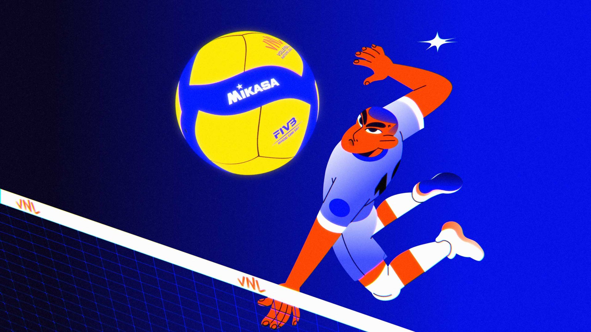 Illustration of a Volleyball World athlete in mid-air spiking a yellow and blue Mikasa volleyball over the net, set against a bright blue background. The player wears a blue uniform, white knee pads, and appears determined. Art by Musclebeaver. Frame from Stash Magazine article.