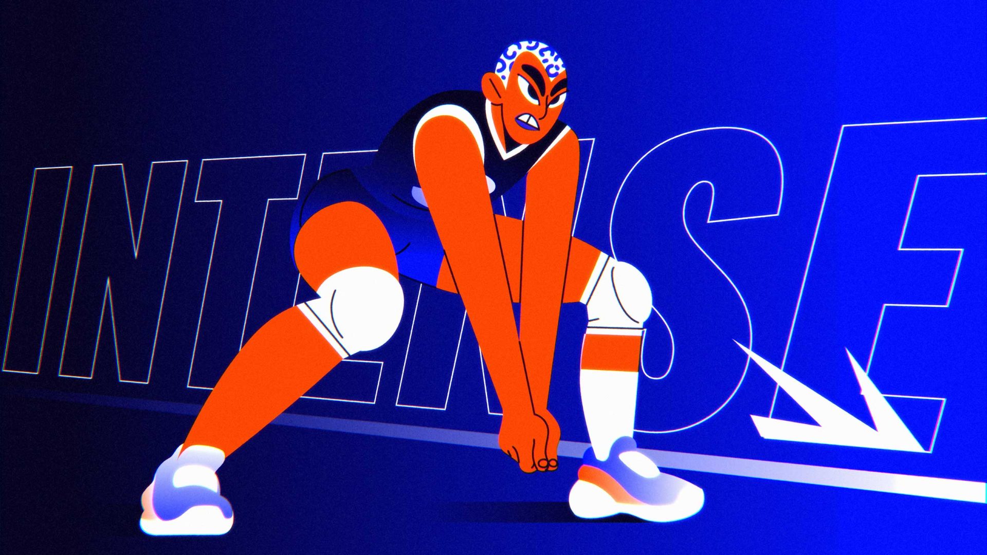 An animated volleyball player with orange skin, wearing a black jersey, white knee pads, and white shoes crouches in an intense pose on a blue background with bold "INTENSE" text behind them—capturing the energy of Volleyball World’s VNL 2026. Frame from Stash Magazine article.