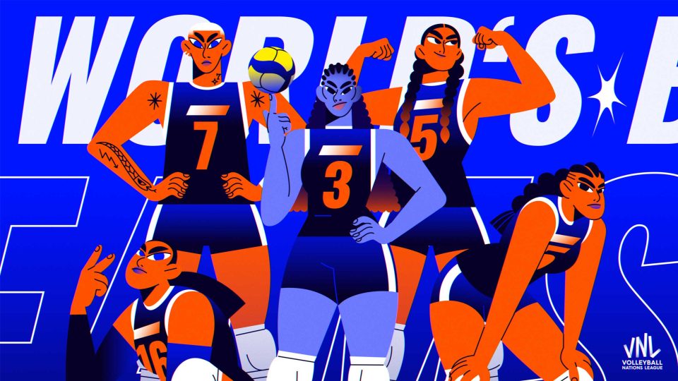 Five animated female volleyball players in blue and orange uniforms pose confidently against a bold blue background with large white text and the Volleyball Nations League trailer by Musclebeaver logo in the corner. One holds a volleyball, while others flex or crouch. Frame from Stash Magazine article.