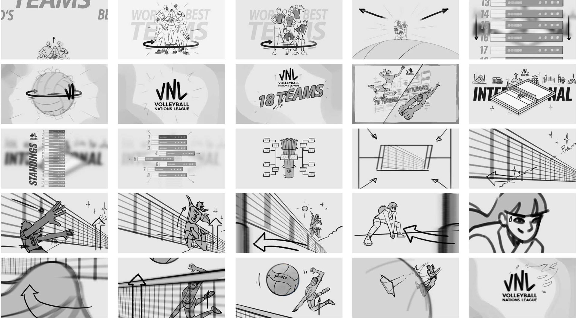 A grid of 20 black-and-white illustrations featuring volleyball themes, including players, nets, balls, tournament brackets, and scoring—each capturing unique concepts inspired by the Volleyball Nations League trailer by Musclebeaver. Frame from Stash Magazine article.