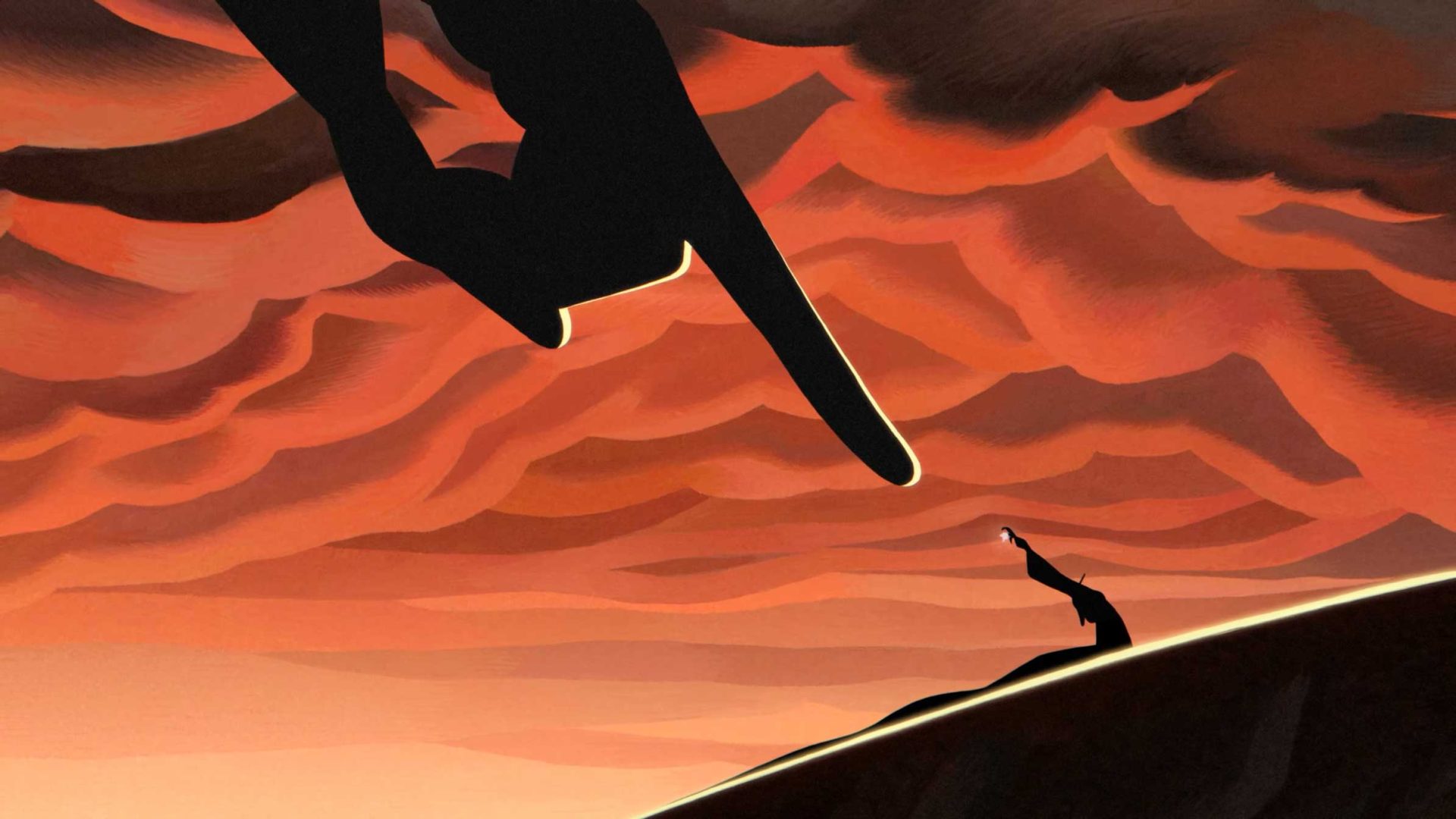 A giant hand points down from a fiery orange, cloudy sky in this Mistthom music video toward a small, silhouetted figure standing on a dark, sloping horizon. Frame from Stash Magazine article.