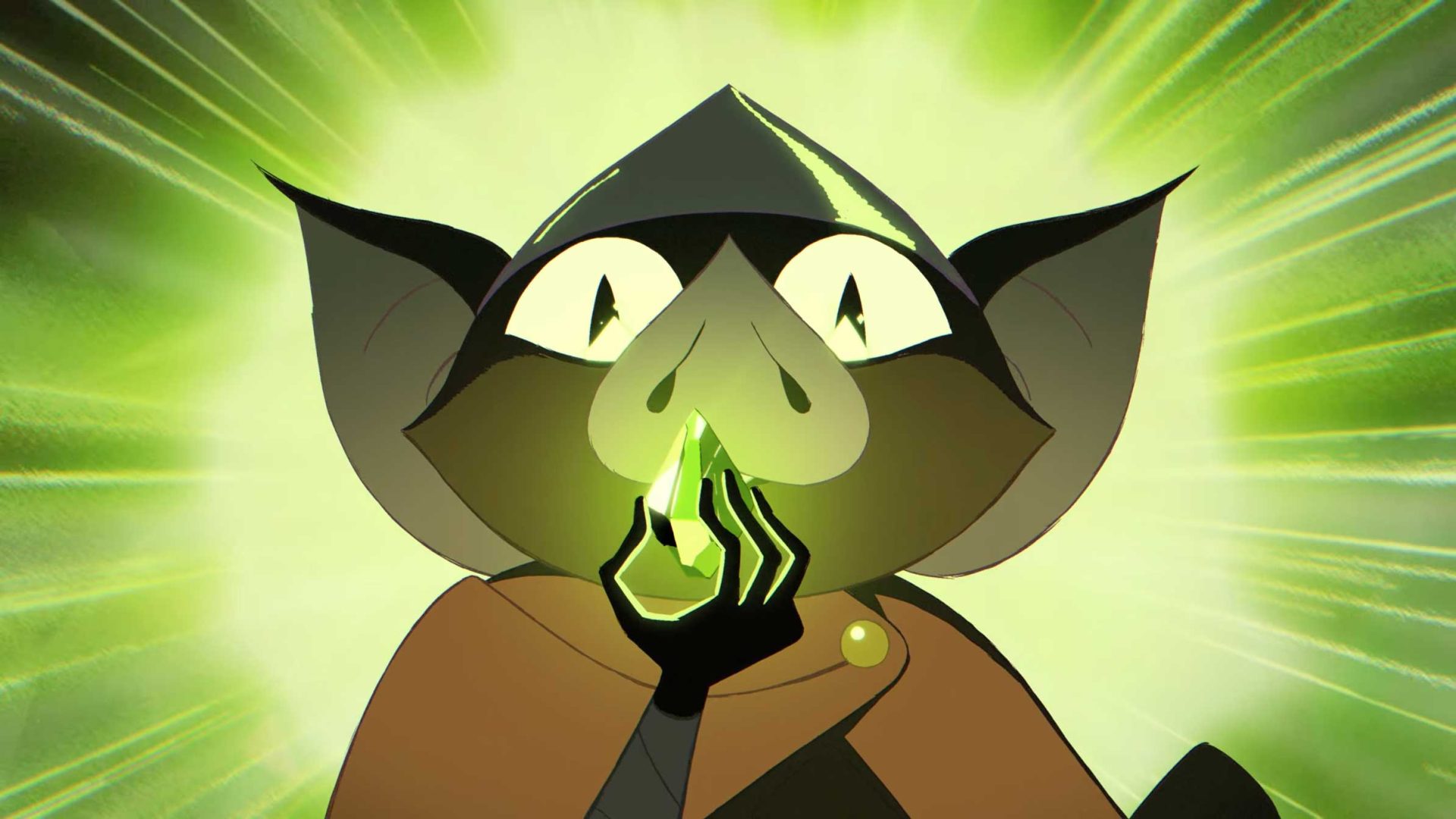 A cartoon bat-like creature from the Mistthom music video holds a glowing green gem in front of their face, framed by radiant green light. Frame from Stash Magazine article.