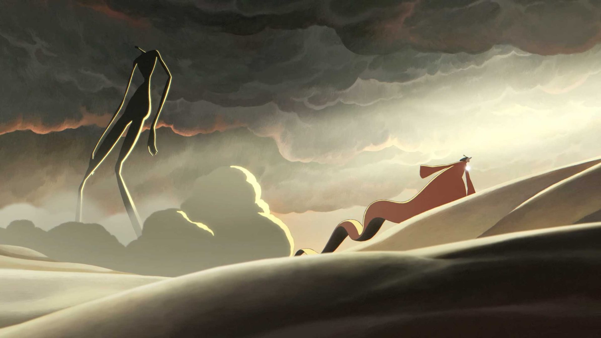A lone figure in a red cloak walks across sand dunes toward a colossal, glowing silhouette in this Jules Bourgès-inspired scene, looming against a dark, stormy sky reminiscent of Mistthom. Frame from Stash Magazine article.