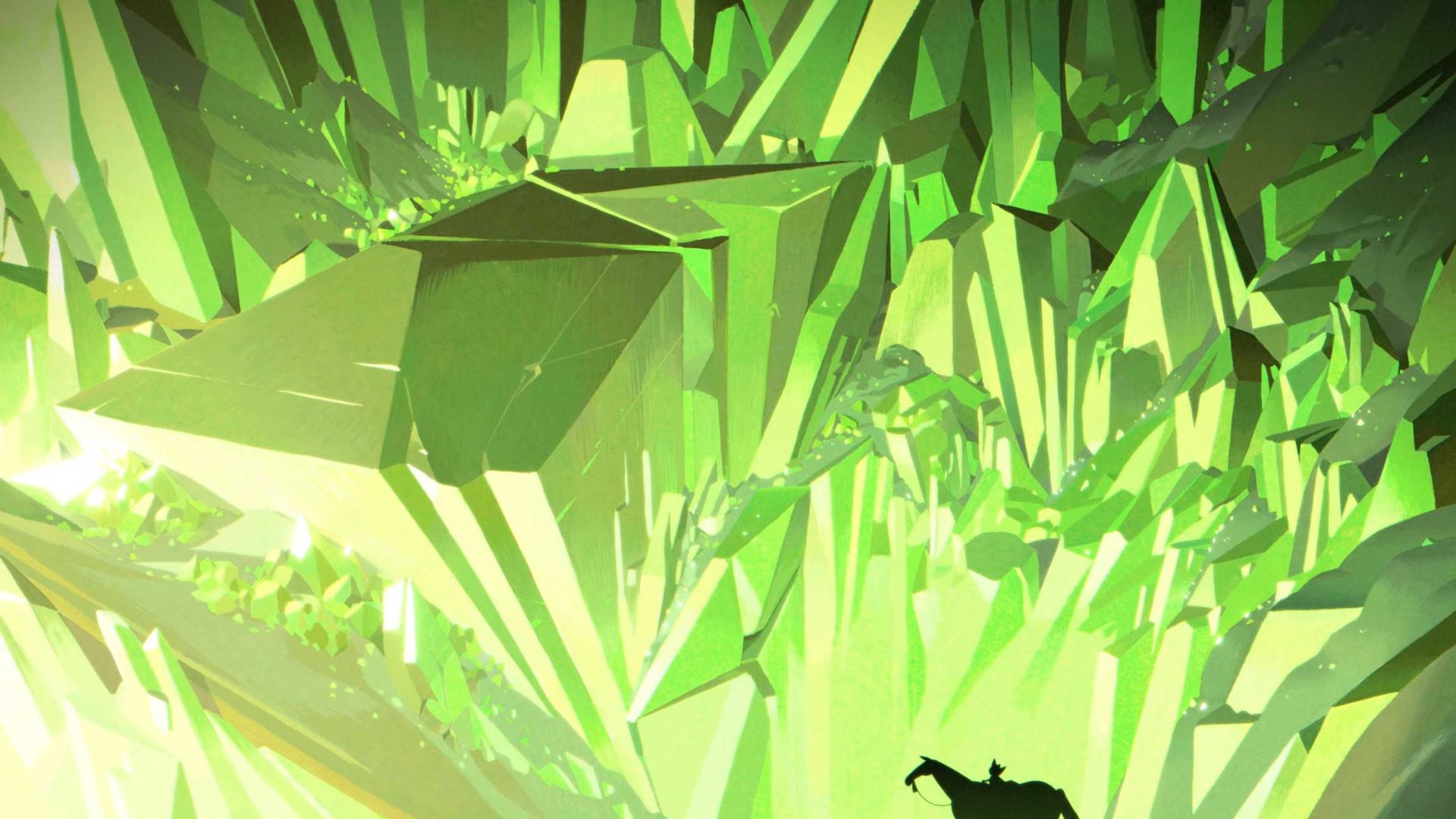 A small silhouette of a person on horseback stands before a massive, glowing green crystal cavern in the Mistthom music video. Frame from Stash Magazine article.