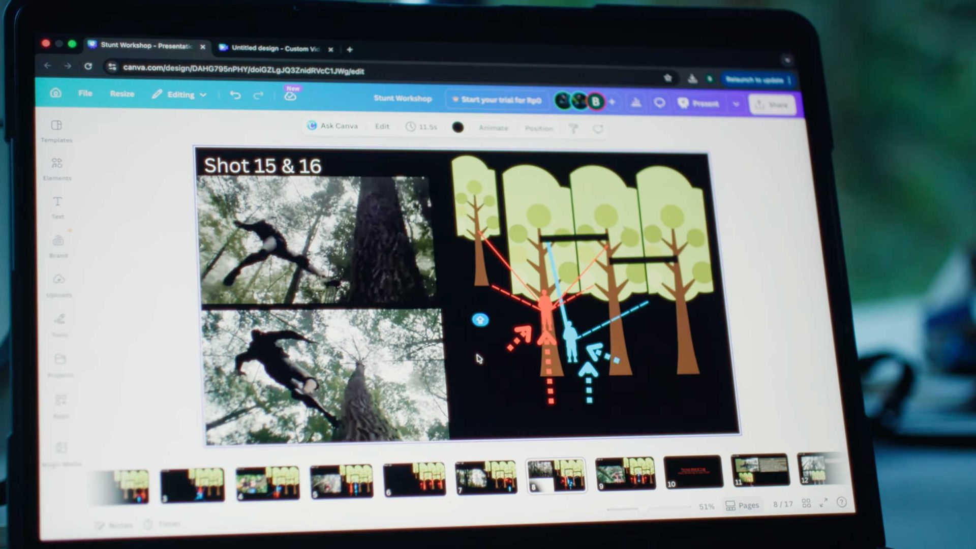 A laptop screen displays a design program with a storyboard showing two photos of a person climbing a tree and a colorful diagram of the rainforest canopy, complete with arrows, stick figures, and WWF-inspired details. Frame from Stash Magazine article.