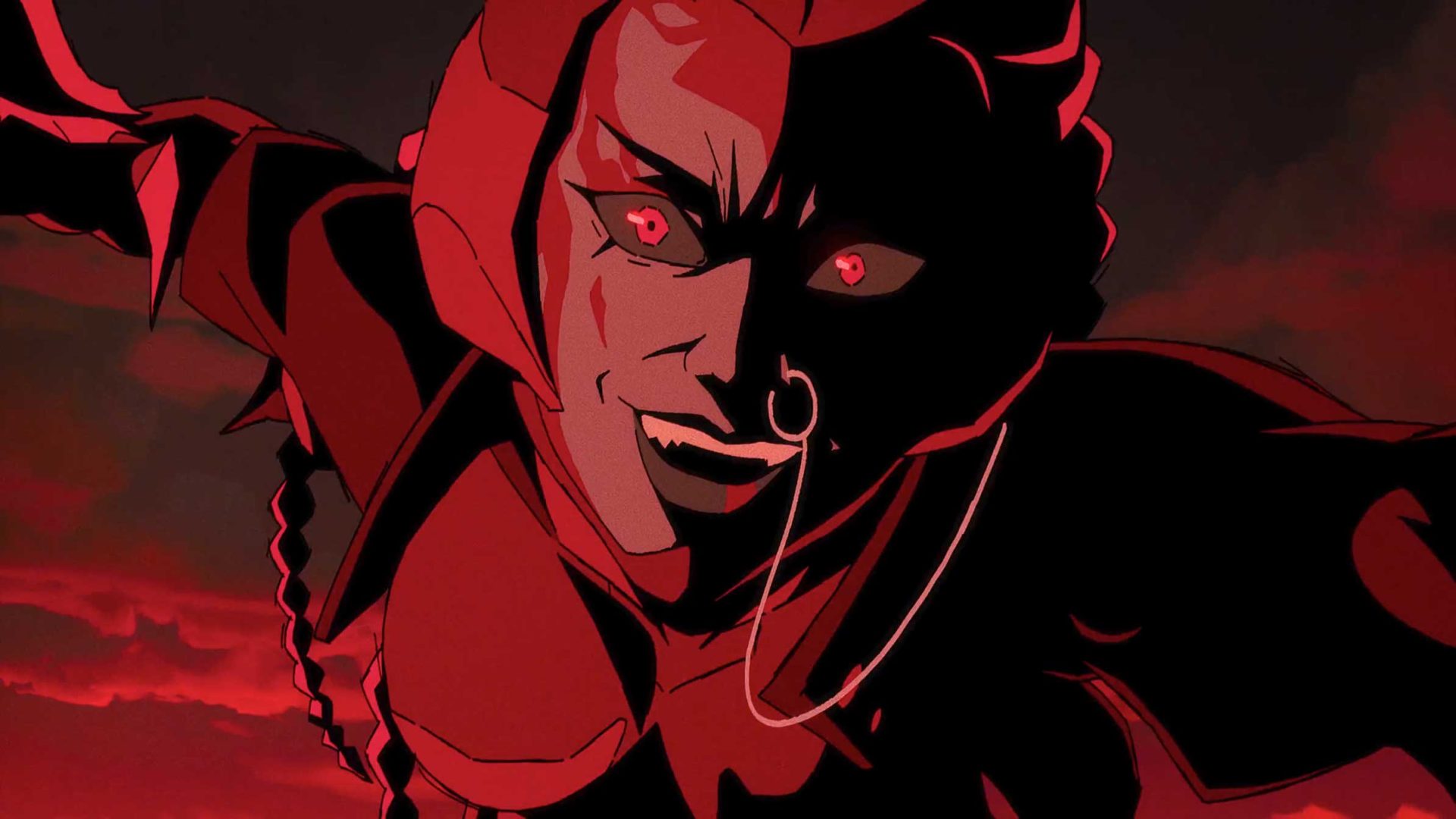 A menacing animated character with glowing red eyes and a nose ring grins widely against a dark, red-toned background, evoking the intense and sinister atmosphere of Warframe Jade Shadows. Frame from Stash Magazine article.