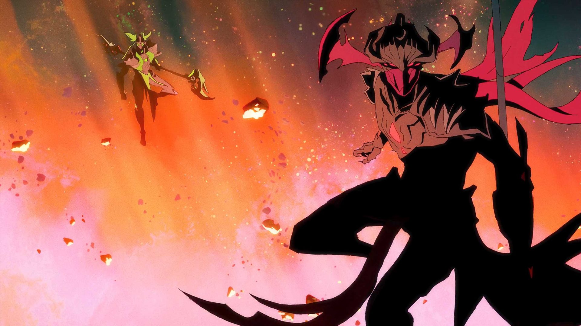 Two armored, fantasy-style characters face each other amid a fiery, glowing background with floating debris. In this Warframe Jade Shadows-inspired scene, one figure in green armor and wings hovers in the distance, facing their shadowed rival. Frame from Stash Magazine article.