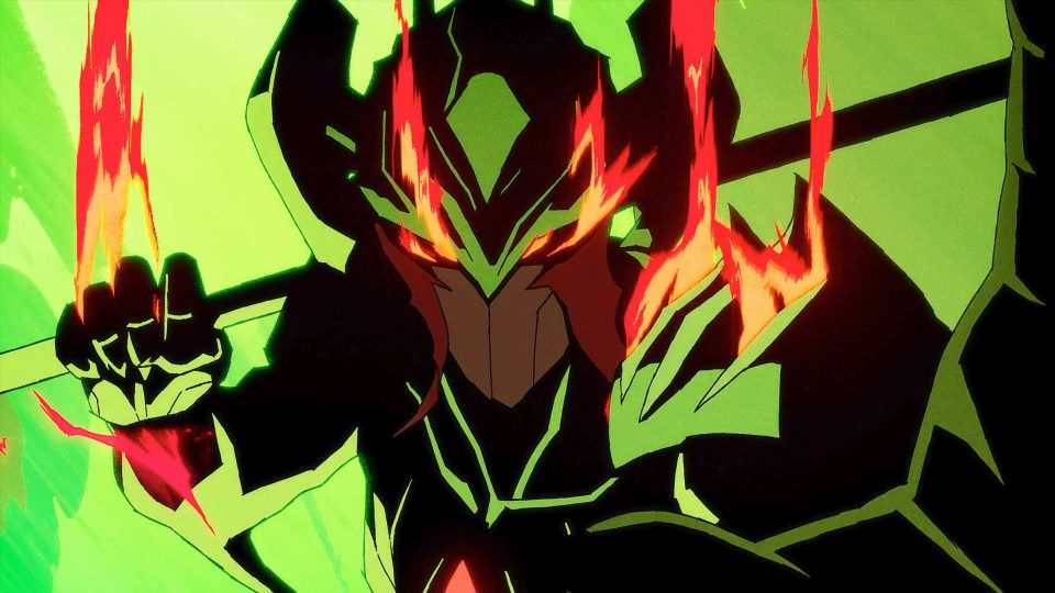 A stylized armored figure with glowing orange eyes and flames rising from its helmet and weapon stands against a vivid green background, evoking the powerful presence found in Warframe Jade Shadows Constellations Short Film by The Line. Frame from Stash Magazine article.