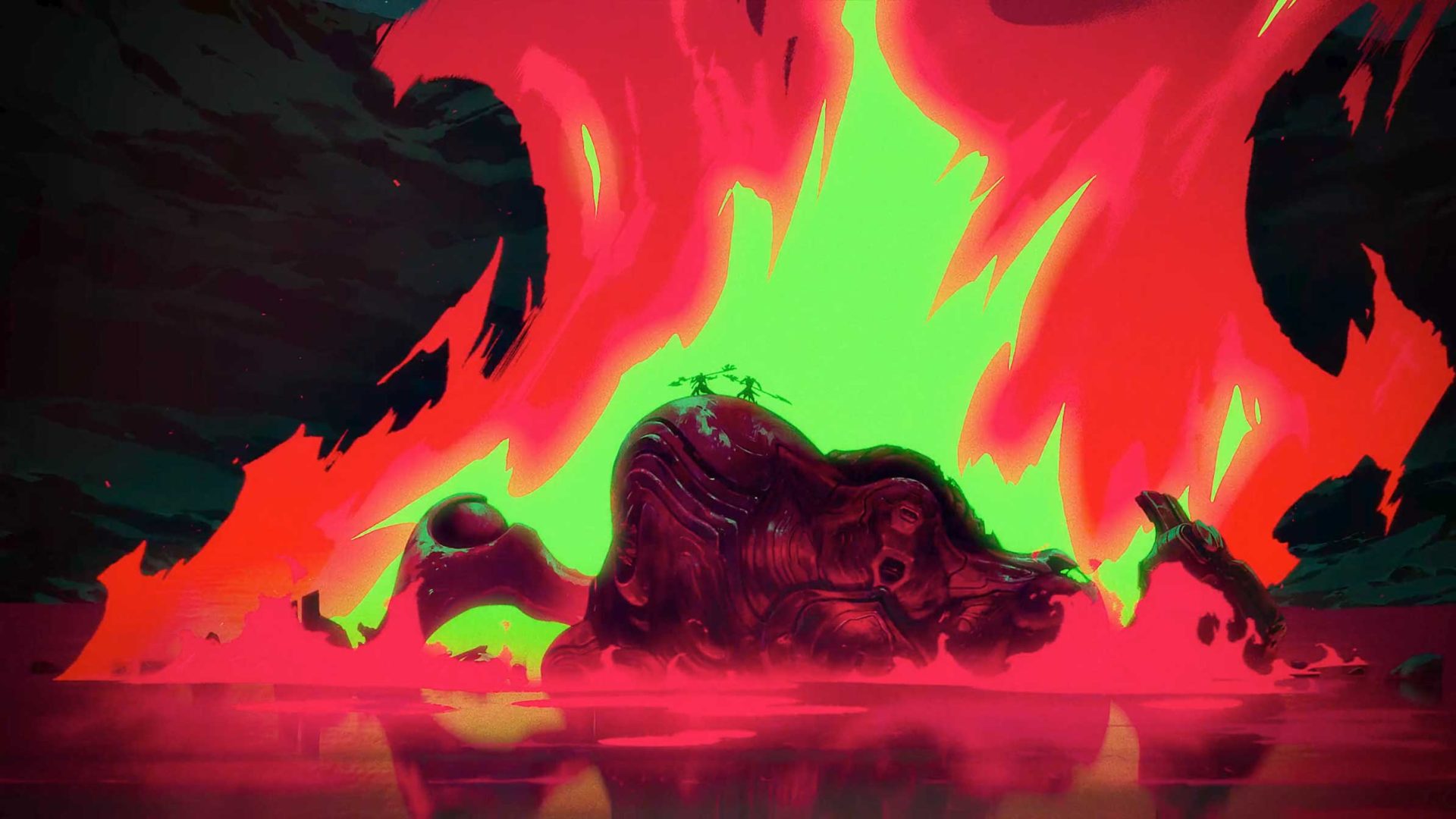 A monstrous creature lies motionless in a pool of red liquid, surrounded by vivid red and green flames against a dark background. Tiny figures stand atop, their silhouettes echoing scenes from Warframe Jade Shadows in the glowing light. Frame from Stash Magazine article.