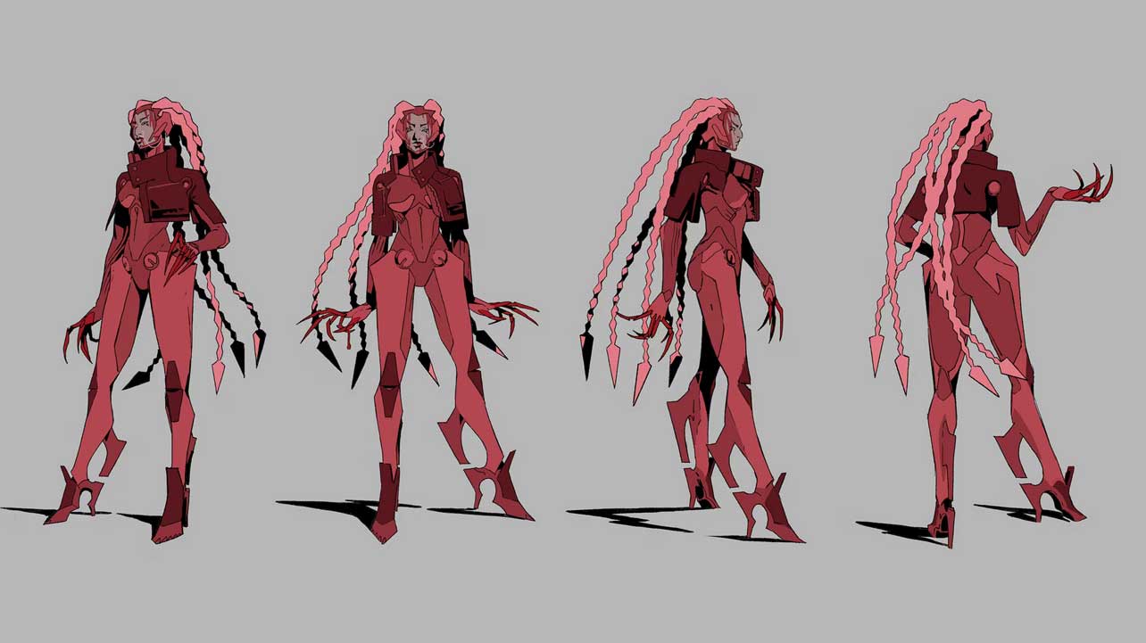 Four views of a futuristic humanoid character inspired by Warframe Jade Shadows, featuring long, braided hair, claw-like fingers, and high-heeled feet. The form-fitting red and black suit showcases striking, angular robotic details. Frame from Stash Magazine article.