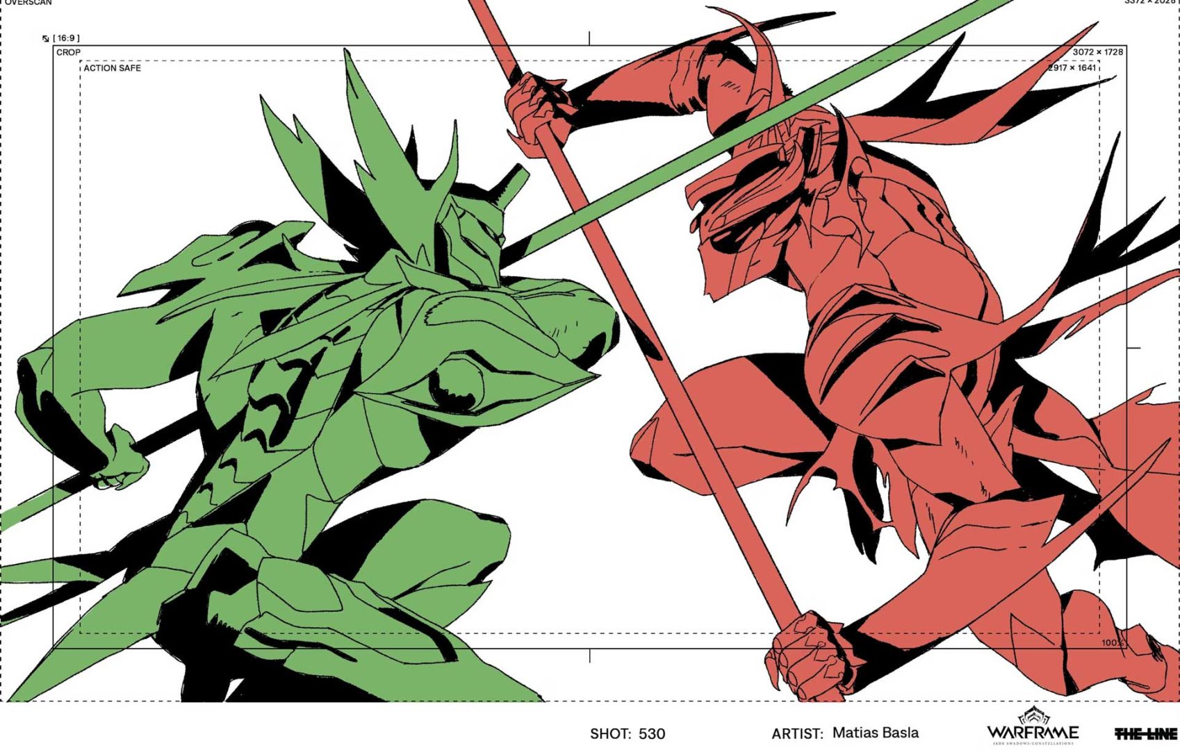 Two armored warriors, one green and one red, face off in dynamic poses, each wielding long weapons. Inspired by Warframe Jade Shadows Constellations Short Film by The Line, the white background highlights their dramatic confrontation. Frame from Stash Magazine article.