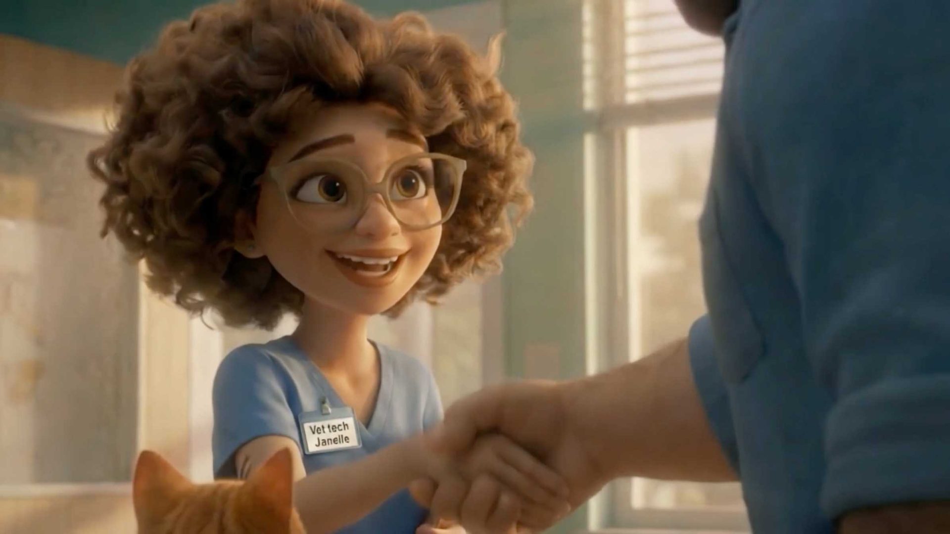An animated woman with curly hair, glasses, and a Vet Tech Janelle name tag smiles warmly while shaking hands with a person; an orange cat sits in the foreground next to a "Heart Out to Dry" Washington Lottery laundry bag. Frame from Stash Magazine article.