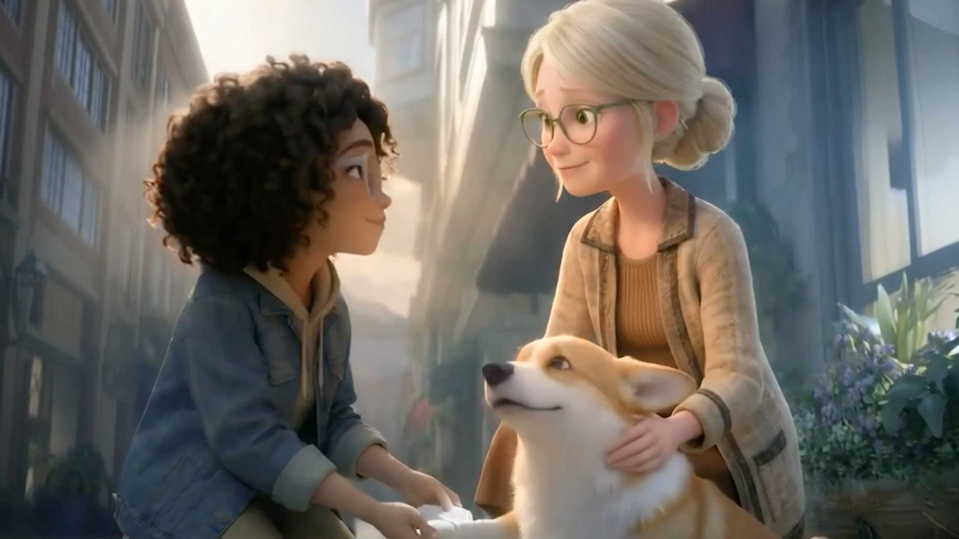 Two animated women, one with curly dark hair and one with blonde hair and glasses, smile at each other while petting a happy corgi on a sunlit city street, their laughter as bright as laundry hung with heart out to dry. Frame from Stash Magazine article.