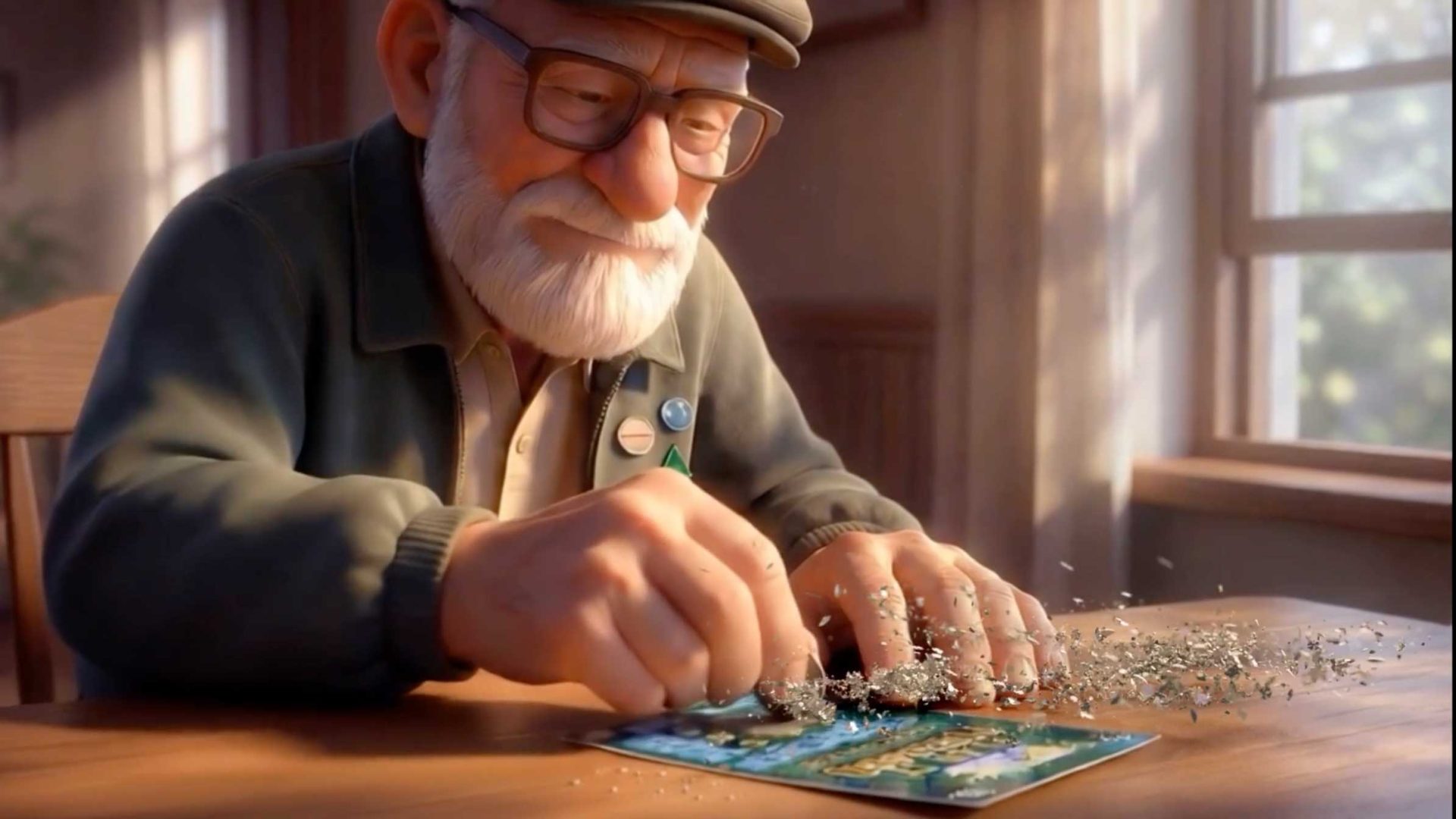 An elderly man with glasses and a white beard sits at a table, smiling as he scratches a Washington Lottery ticket. Sunlight streams through a nearby window, illuminating the cozy room like warm laundry fresh from the line. Frame from Stash Magazine article.