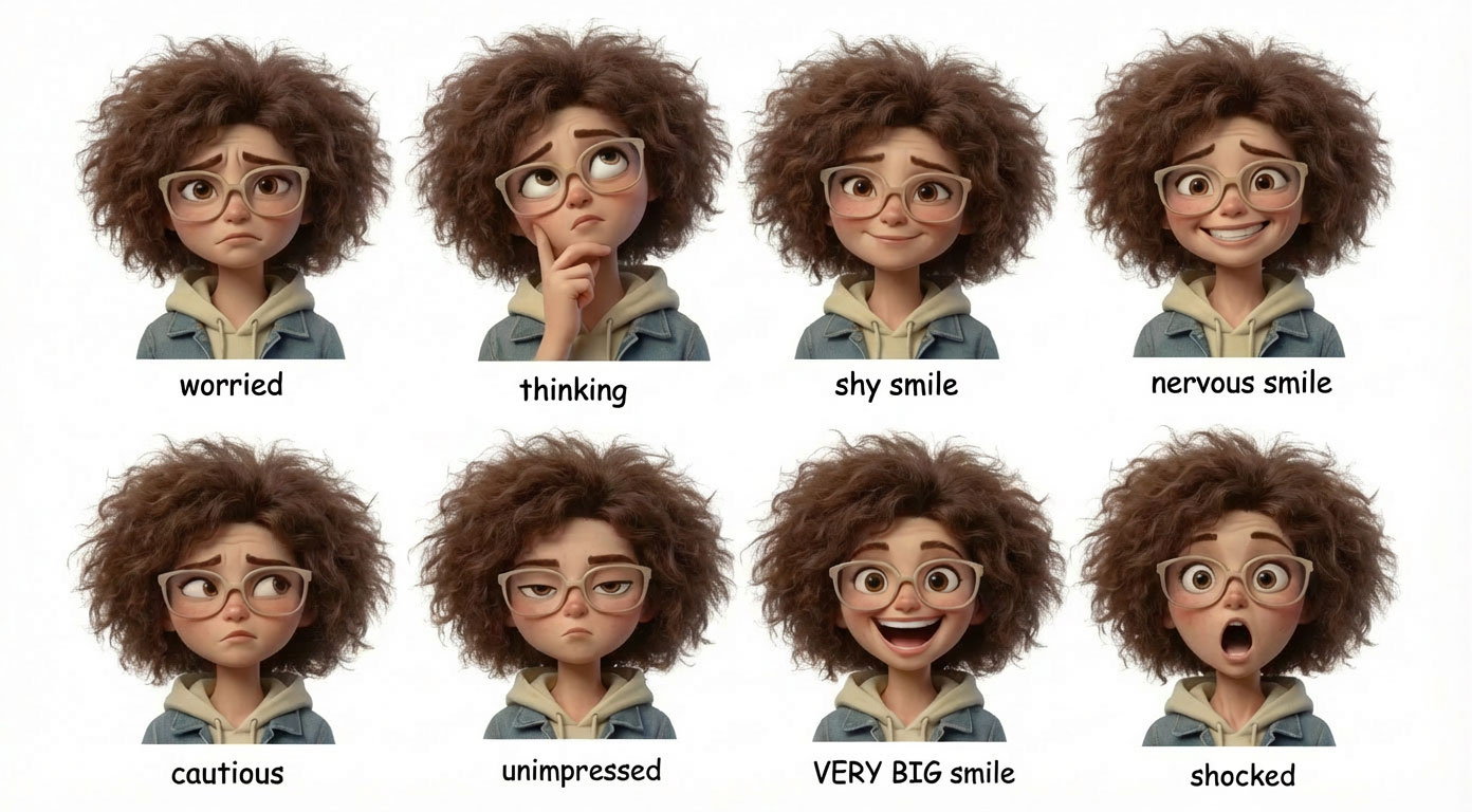 A cartoon character with curly hair and glasses shows eight labeled facial expressions, from worried to a very big smile—as if their heart's been hung Out to Dry on laundry day or just had a Washington Lottery moment. Frame from Stash Magazine article.