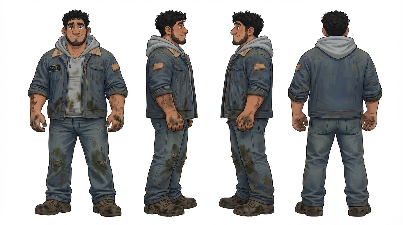 A cartoon man with curly hair, wearing a dirty denim jacket, jeans, gray hoodie, and brown boots—looking like his Heart Out to Dry in the laundry of life—is shown from the front, side, and back. His jacket has a patch and a name tag reading DANIEL. Frame from Stash Magazine article.